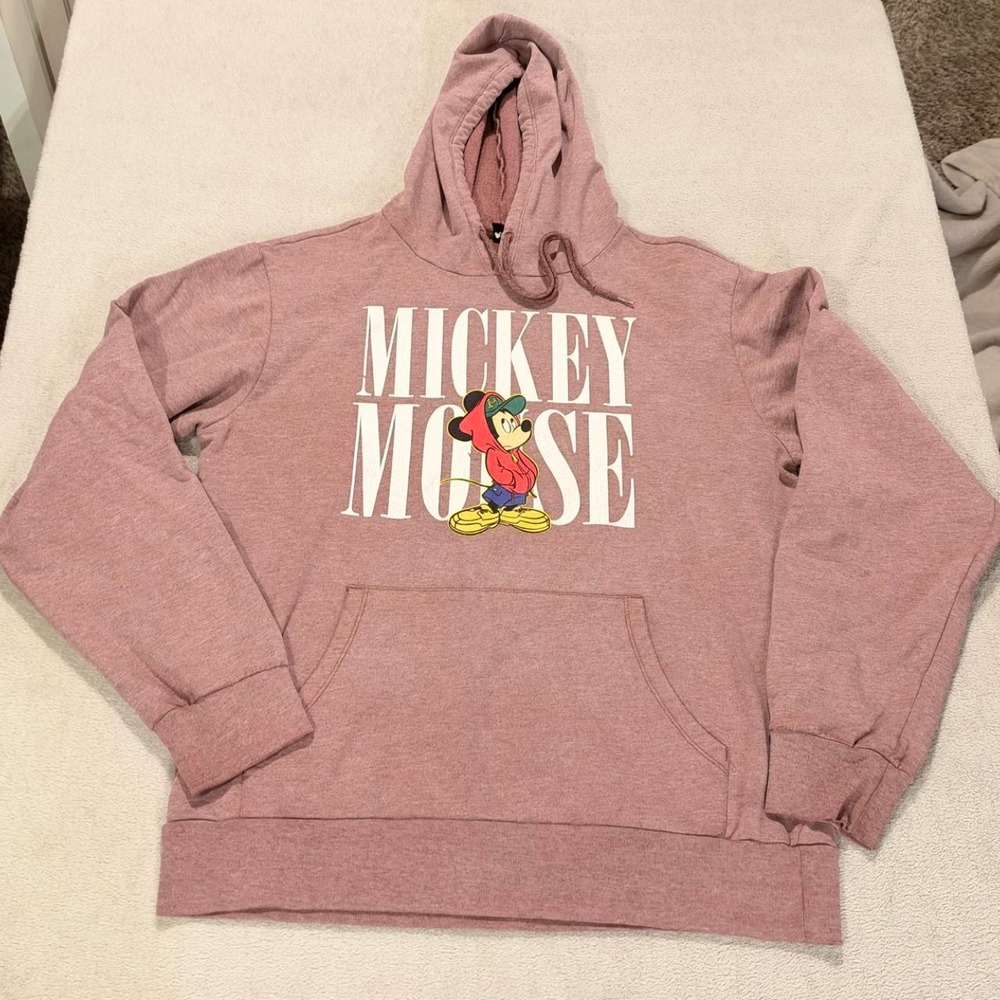 Disney Mickey Mouse Graphic Hoodie Pink Mauve Vintage Style Pullover Medium